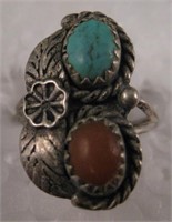 Vintage Southwest S/S Turquoise & Coral Ring