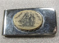 Scrimshaw Ship Carved Silver Toned Money Clip