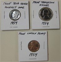 1954 Proof Silver Dime, Nickel & One Cent Coins