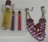 3 Piece Perfume Set with 1 Purple/Red Necklace