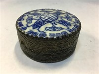ORNATE PILL JAR WITH WHITE AND BLUE TILE ON LID