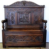FRENCH CARVED OAK HALL BENCH