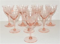 EIGHT PINK ETCHED DEPRESSION GOBLETS