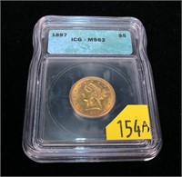 1897 $5 Gold Liberty, slab certified MS-62