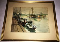 WATER COLOR OF HARBOR SCENE BY A. DEAN 1906