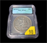 1878-S U.S. Trade dollar, slab certified VF-25