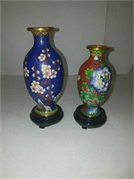 Two cloisonne vases with wood stands