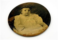 Antique 6" Blk Wht Baby Picture Metal Pin Back
