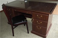Wood Office Desk With Glass Top & Chair
