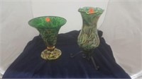2pc Hand Painted & Enamelled Green Glass Vases.