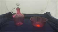 Cranberry Cruet With Clear Handle & Stopper, & A
