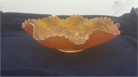 Marigold Carnival Fluted Bowl, Peacock Pattern,