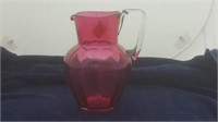 9" Cranberry Pitcher With Clear Glass Handle.