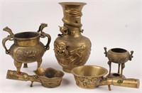 5 CHINESE BRASS VASE CENSERS AND IRONS