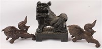 3 CHINESE FOO DOG STATUES BRONZE AND WOOD