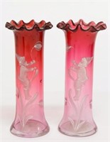 Victorian Mary Gregory Enameled Glass Vases, Pair