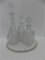 3 LEAD GLASS DECANTERS WITH TRAY