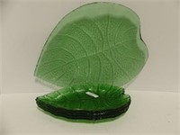 5PC - GREEN GLASS LEAF PLATES