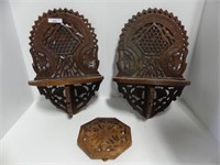 2 CARVED WOODEN WALL SHELVES, AND TRIVET
