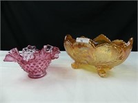 CARNIVAL GLASS 10" FOOTED BOWL, CRANBERRY 7"