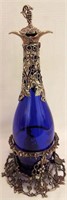 Cobalt Glass Wine Bottle With Overlay And Stand