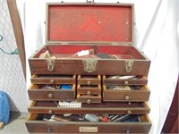 Vintage wood Starrett tool box w/misc tools
