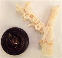 Oriental Coral Figural Carving On Wooden Base