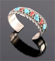 Navajo Sterling Silver Turquoise Coral Cuff