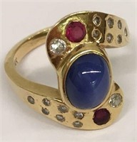 14k Gold Ring, Blue Star Sapphire, Diamonds, Ruby