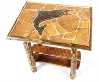 Rustic Inlaid Stone & Peeled Log Trout End Table