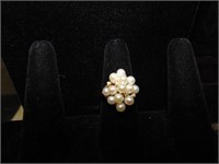 14K Gold Pearl Cluster Ring 13 Pearls with Diamond