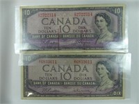 TWO 1954 CANADA $10 BANKNOTES