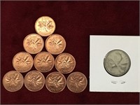 10 - 1966 1¢ & 1 - 1956 25¢ Canadian Coins