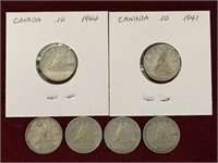 2 - 1941 & 4 - 1950 Canada 10¢ Coins