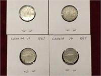 2 - 1954 & 2 - 1967 Canada 10¢ Coins