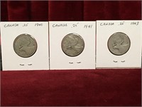 1940 / 41 / 43 Canada 25¢ Coins