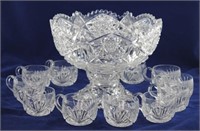 Fine Cut Glass Punch Bowl on Stand w/ 12 Cups