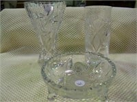 2 Etched Clear Glass Vases & Etched Bowl