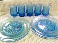 8 Light Blue Plates & 5 Blue Glasses