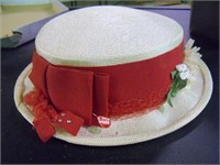 White Hat with Daises & Red Ribbon