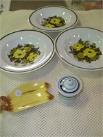 3  Soup Bowls, Spoon holder, Shenango  Mustard