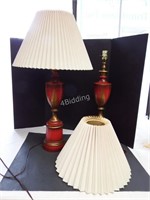 Two Red & Gold Tri-Light Wooden Lamps