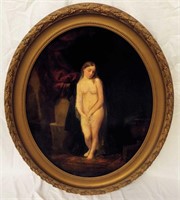 Oil On Canvas Portrait Of Nude In Oval Frame