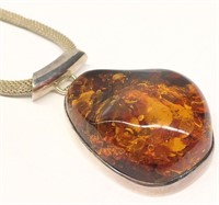 Sterling Silver And Amber Pendant Necklace