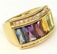 18k Gold & Diamond Ring W/ Rainbow Colored Stones