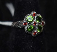 Sterling Silver Ring w/ Green & Red Stones
