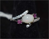 Sterling Silver Ring w/  Red Spinel, Opals, White