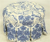 BLUE AND WHITE UPHOLSTERED BUTTON-TUFTED OTTOMAN