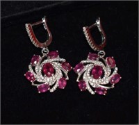 Sterling Silver Earrings w/ Rubies & White Stones