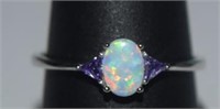 Size 10 Sterling Silver Ring w/ Opal and Purple